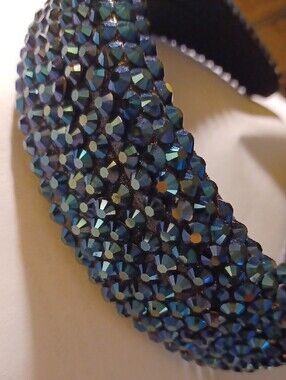Black Padded Headband with Iridescent Black and Blue Rhinestones